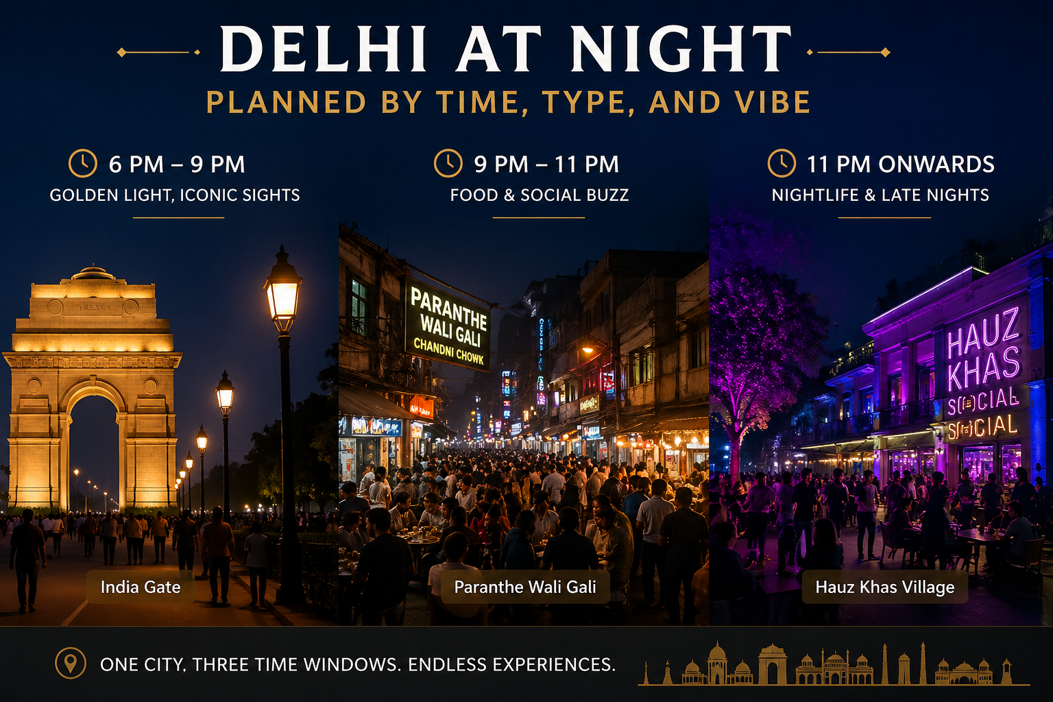 Places to visit in Delhi at night including India Gate, Chandni Chowk street food and Hauz Khas Village nightlife planned by time and experience
