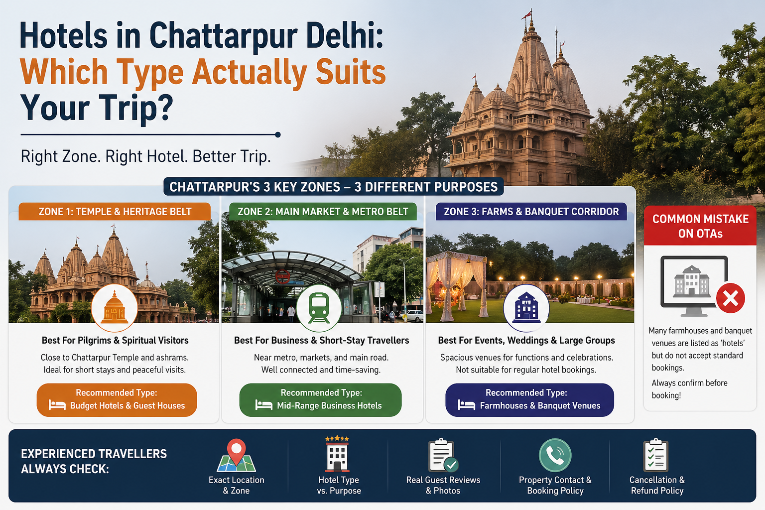 Infographic showing common mistakes when booking hotels in Chattarpur Delhi including cancellation policy issues, poor location choices, road noise, and misleading star ratings