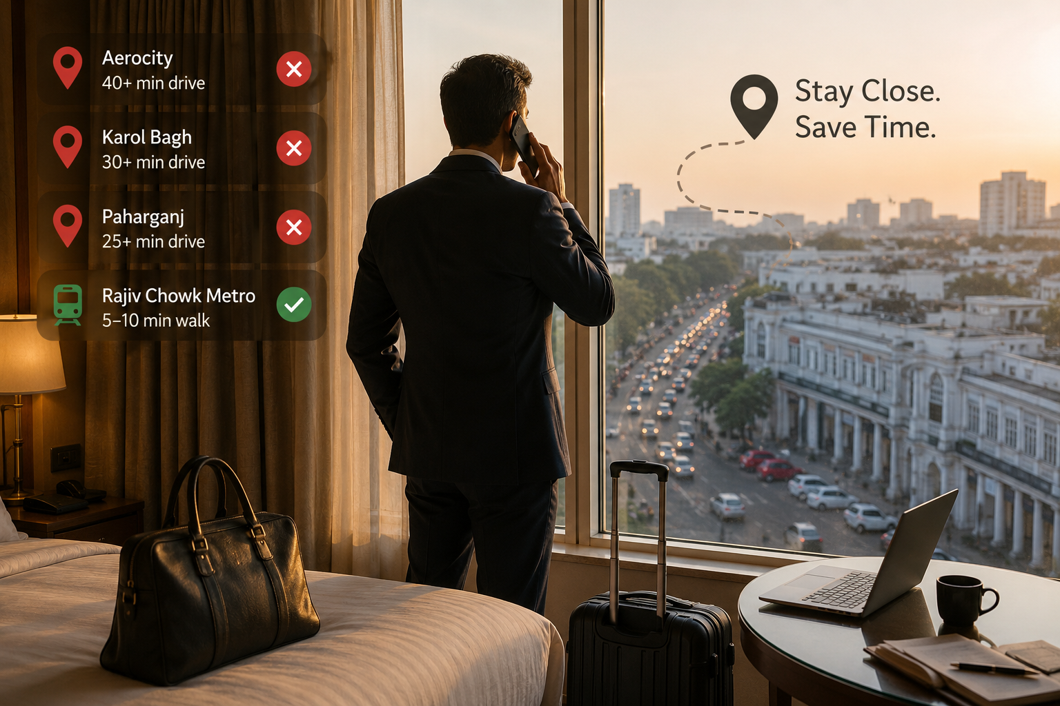 Business traveler standing in a luxury hotel room overlooking Connaught Place Delhi while preparing for meetings near Rajiv Chowk metro station 
