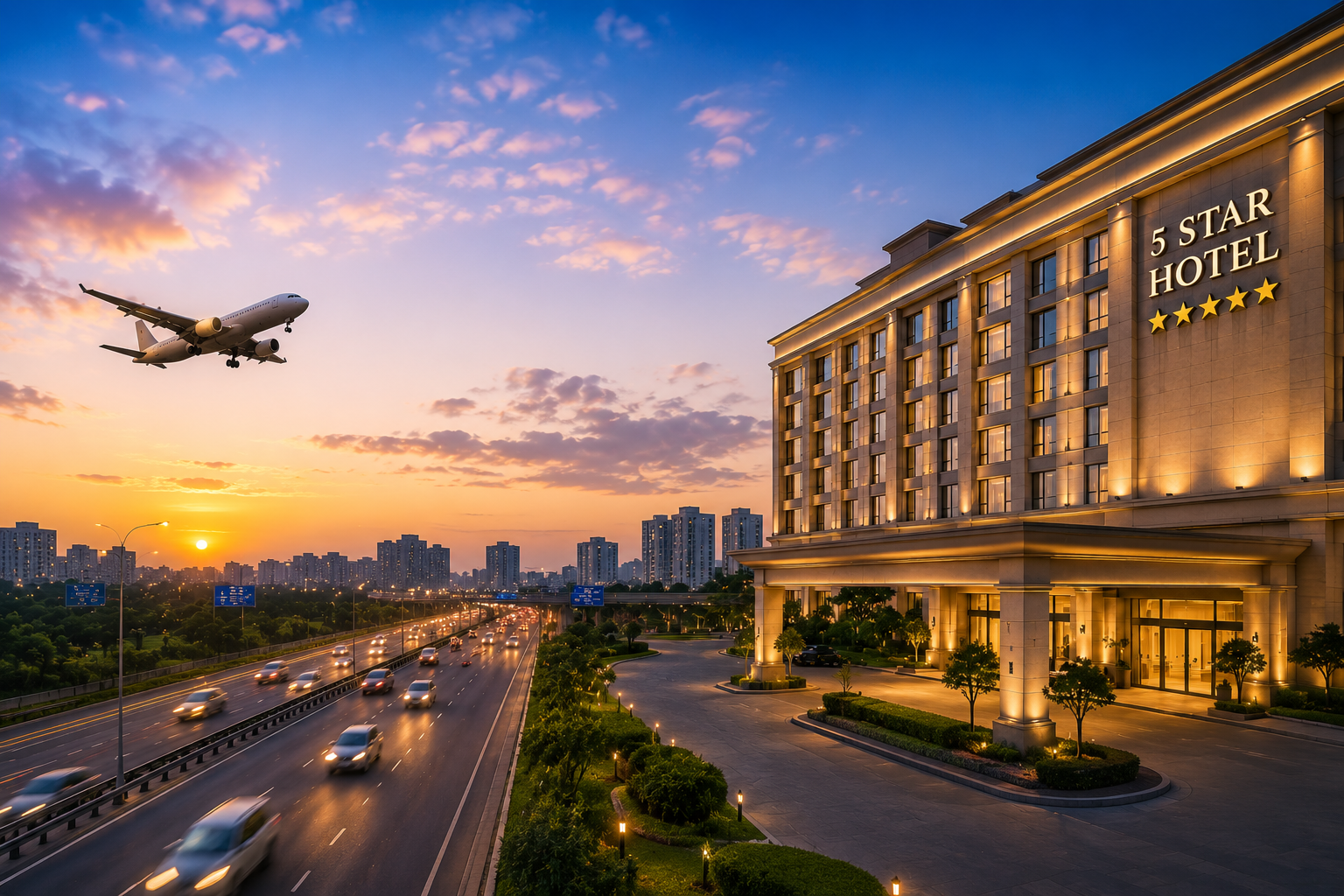 Luxury 5-star hotel near Dwarka and IGI Airport with sunset city skyline, highway traffic, and airplane approaching Delhi airport. 