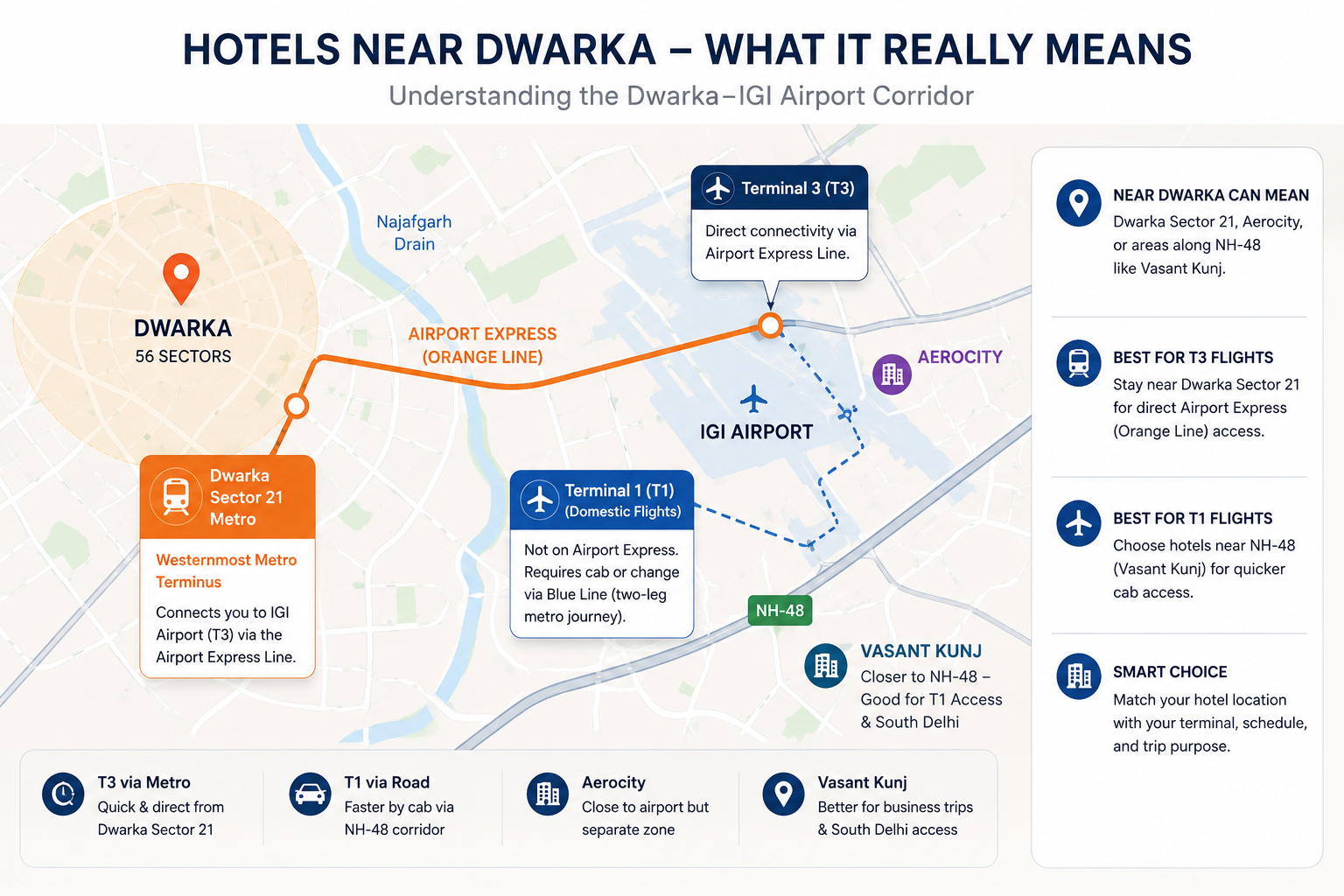 Illustrated map of the Dwarka–IGI Airport corridor showing Dwarka Sector 21 metro connectivity, Aerocity, Vasant Kunj, Terminal 1, and Terminal 3 access routes in Delhi.