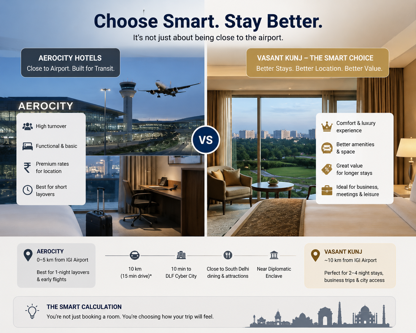 Side-by-side comparison of Aerocity transit hotels and Vasant Kunj luxury hotels near IGI Airport, showing differences in comfort, location, amenities, and business travel convenience.