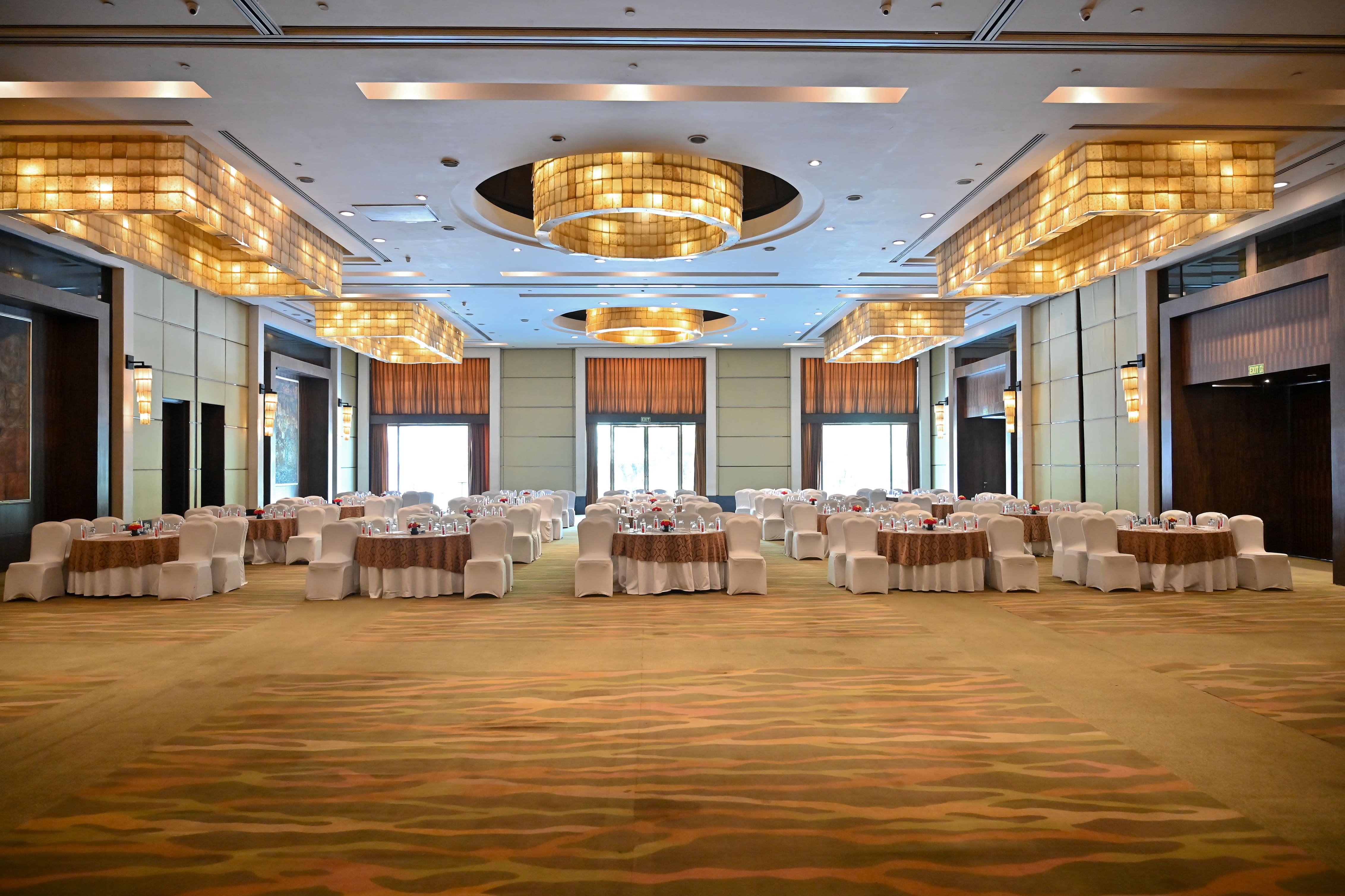 Banquet hall at The Grand New Delhi, one of the best resorts near Delhi, perfect for weddings, trade fairs, and large events in National Capital Region.