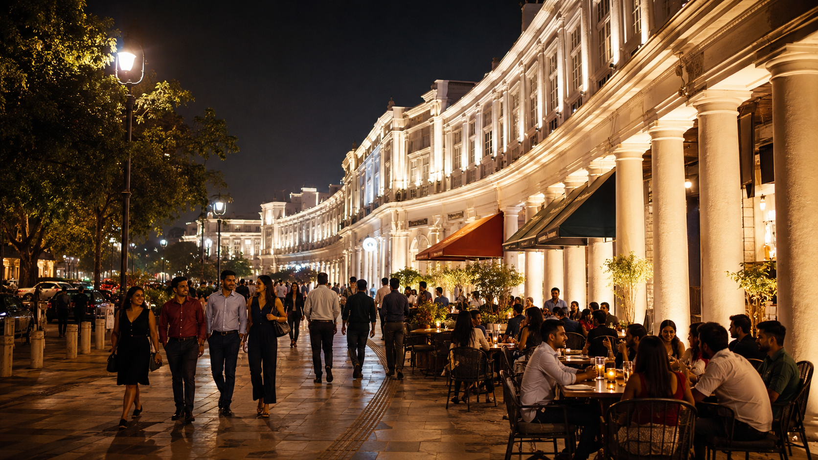 Connaught Place nightlife in Delhi with illuminated colonnades, outdoor cafes, and evening crowds 