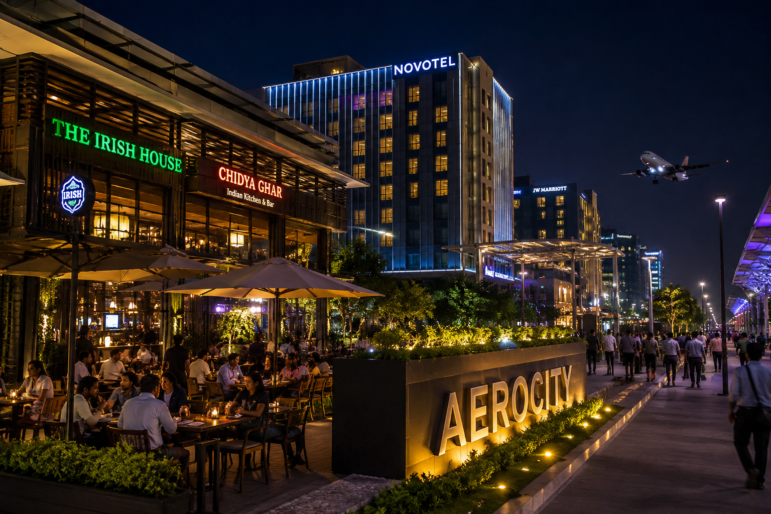 Aerocity nightlife near Delhi Airport with premium restaurants, hotels, and evening crowds 